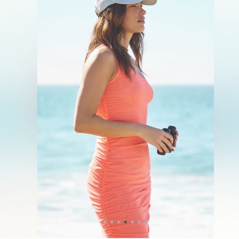 NWT One-Shoulder ruched mesh Coral Dress